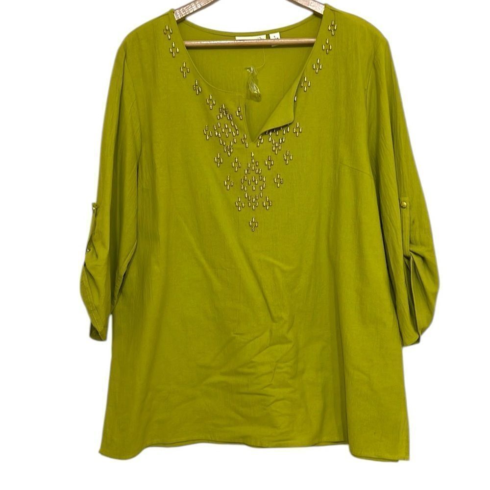 Susan Graver Tunic Top Women’s Size Large Green Beaded Cotton Roll Tab Sleeves